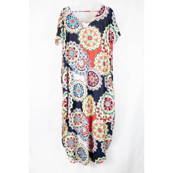 Women XL Caftan/Loungewear Geo Pattern Pockets Navy Orange - Picture 1 of 5